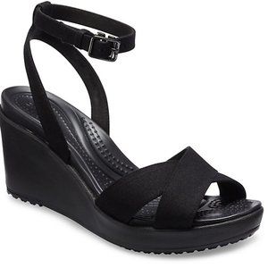 Crocs Leigh II Ankle Strap Wedge NWOT Black Sz 8